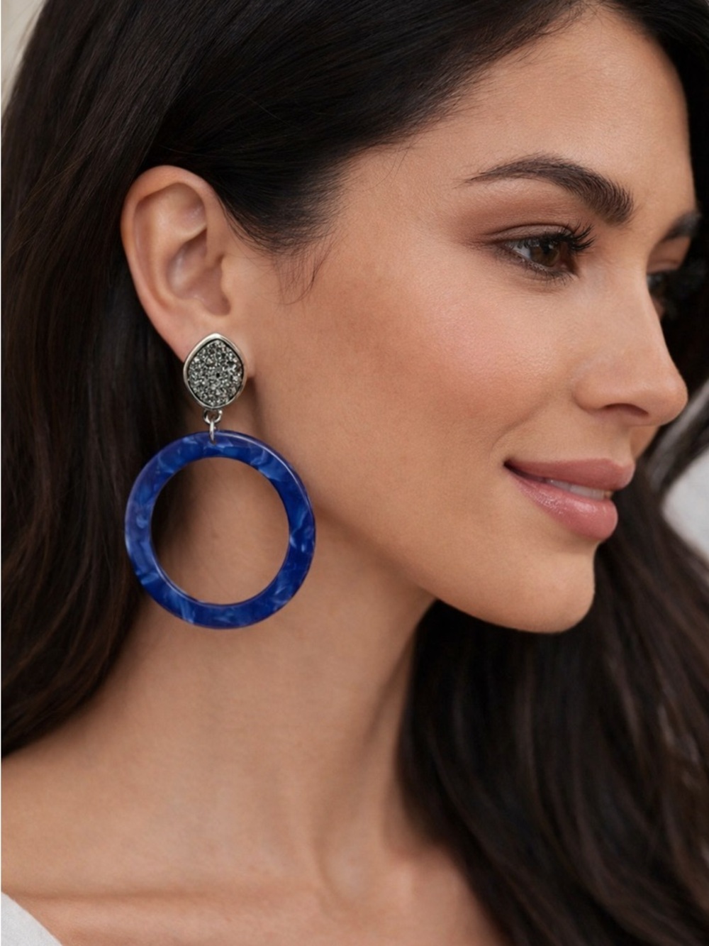 Blue Marbled Hoop Drop Earrings Druzy Stud Statement Lightweight Dangle